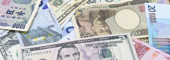 Currency exchange rates display showing major forex pairs